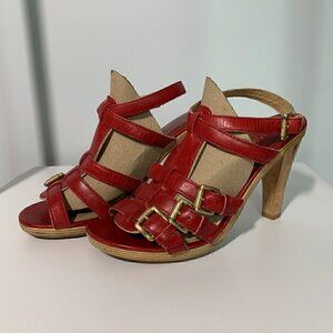 Michael Kors Red Strappy Sandals - Size 8 - Wooden Heels